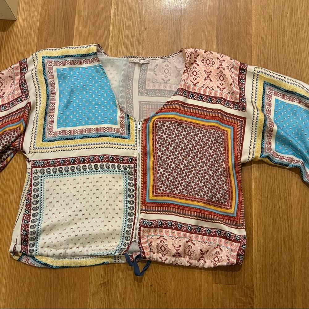 Willow & Root patchwork pattern silky feel zip up size L coquette, Cottagecore